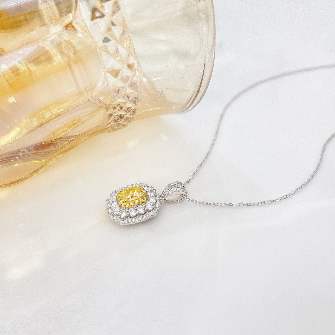 18K Yellow Gold Diamond Cushion Double Halo Necklace | Luxury Jewelry - Yellow Diamond Necklace