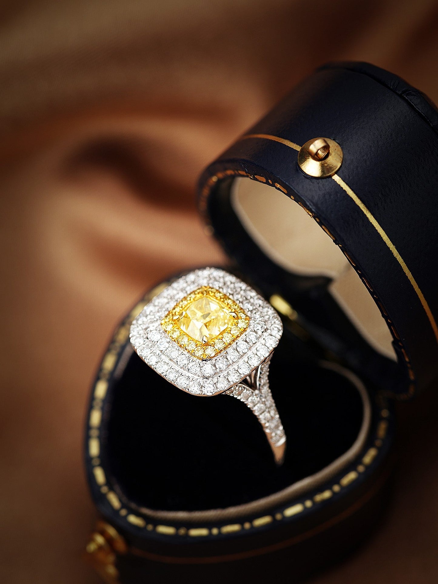 18K Yellow Gold Diamond Cushion Double Halo Ring - Premium Jewelry - Yellow Diamond Ring