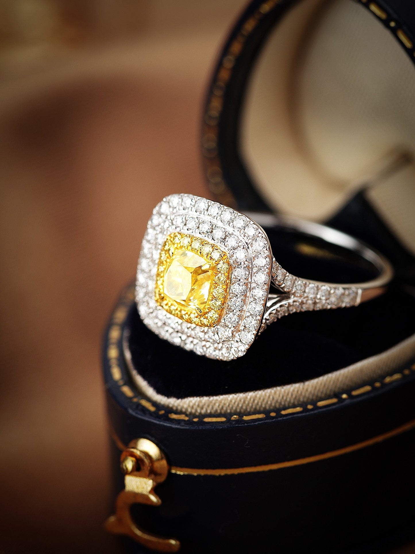 18K Yellow Gold Diamond Cushion Double Halo Ring - Premium Jewelry - Yellow Diamond Ring