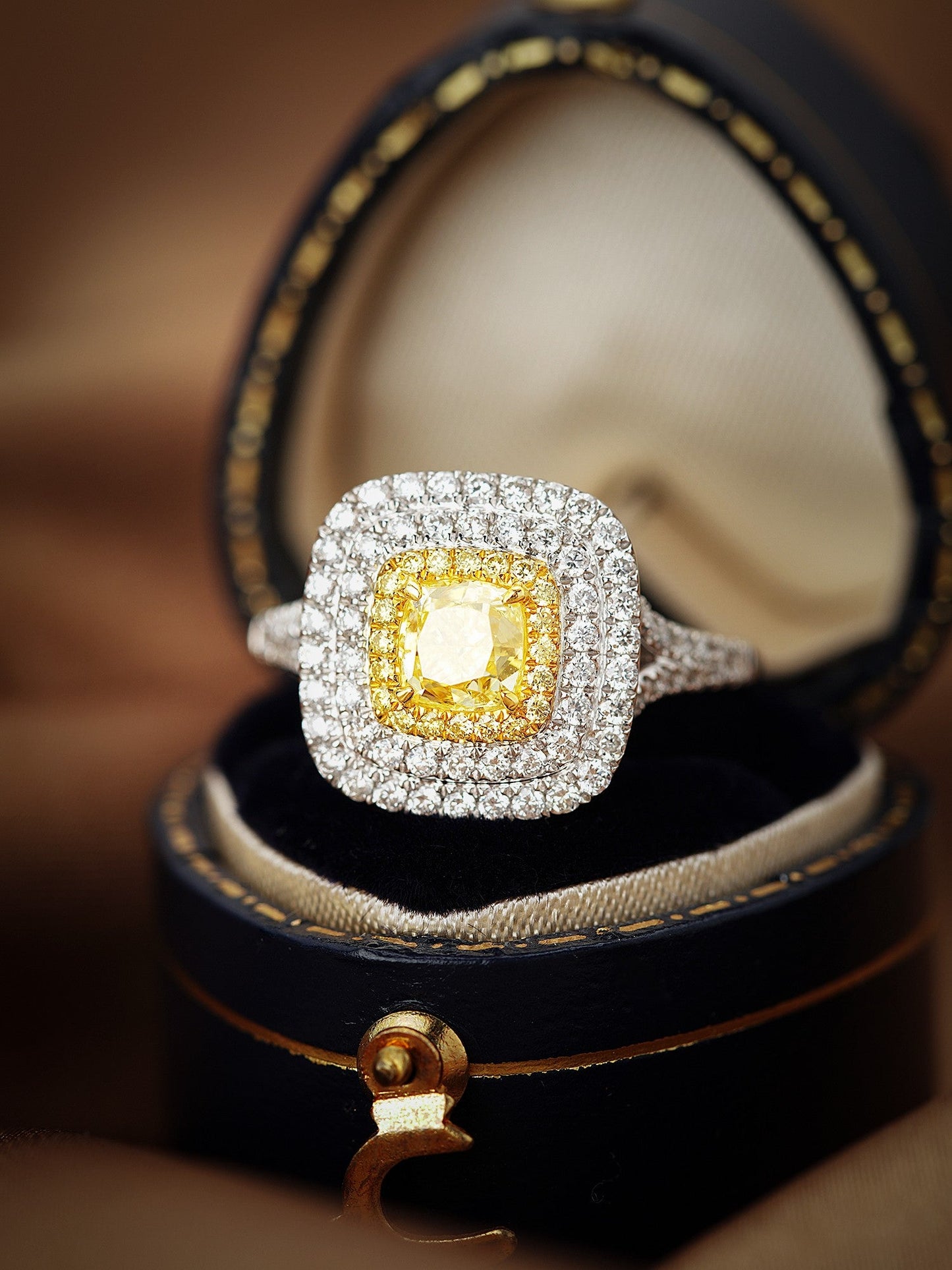 18K Yellow Gold Diamond Cushion Double Halo Ring - Premium Jewelry - Yellow Diamond Ring