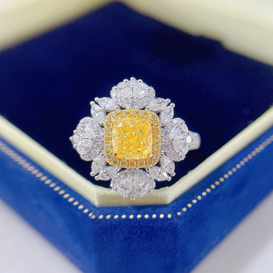 18K Yellow Gold Diamond Cushion Drop Marquise Ring with AGL Certificate - Yellow Diamond Ring