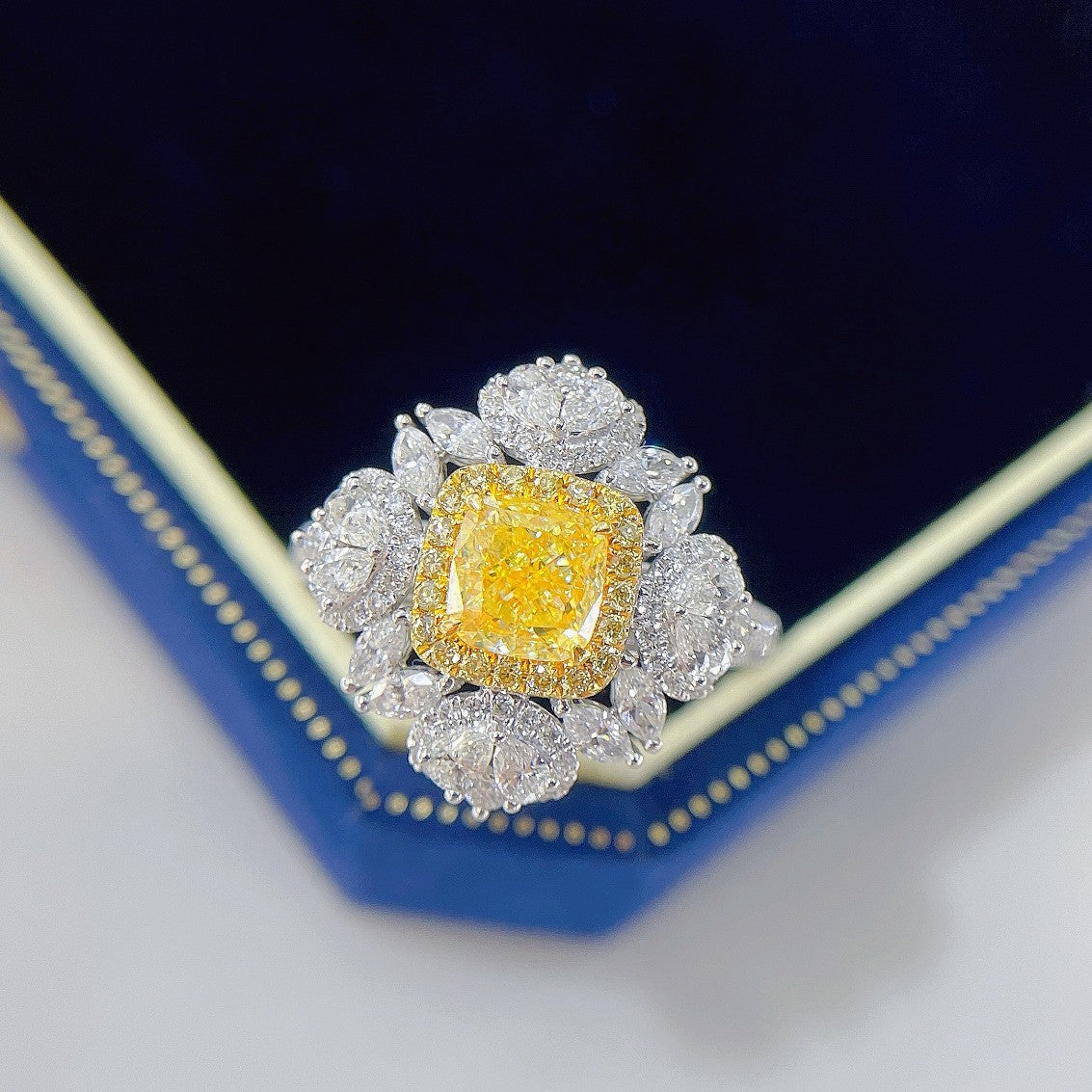 18K Yellow Gold Diamond Cushion Drop Marquise Ring with AGL Certificate - Yellow Diamond Ring