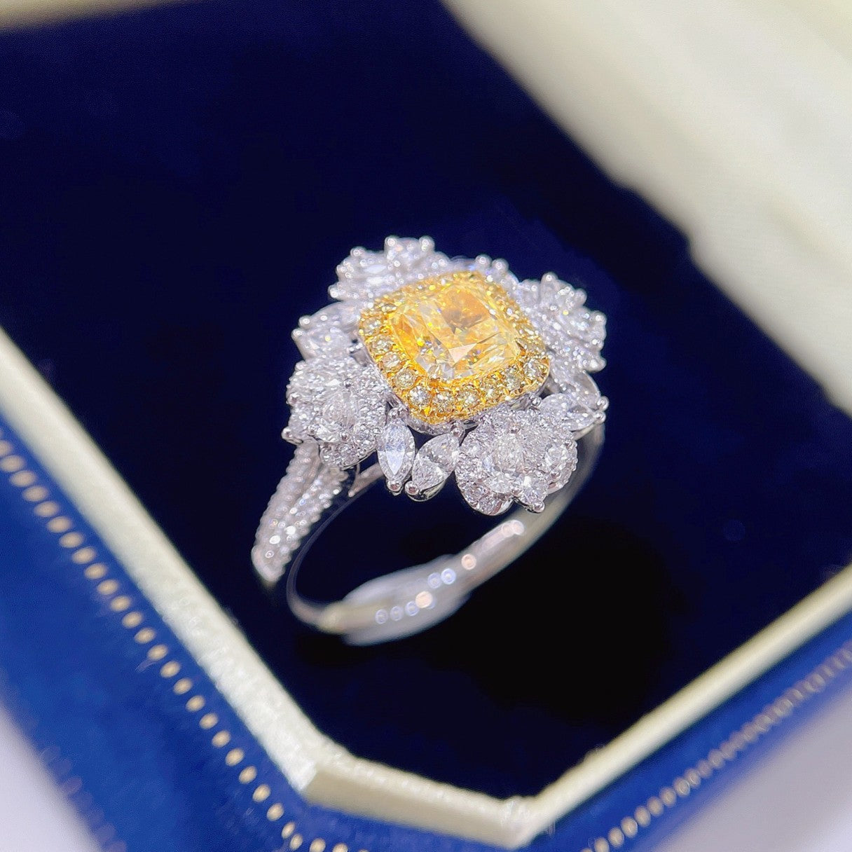 18K Yellow Gold Diamond Cushion Drop Marquise Ring with AGL Certificate - Yellow Diamond Ring