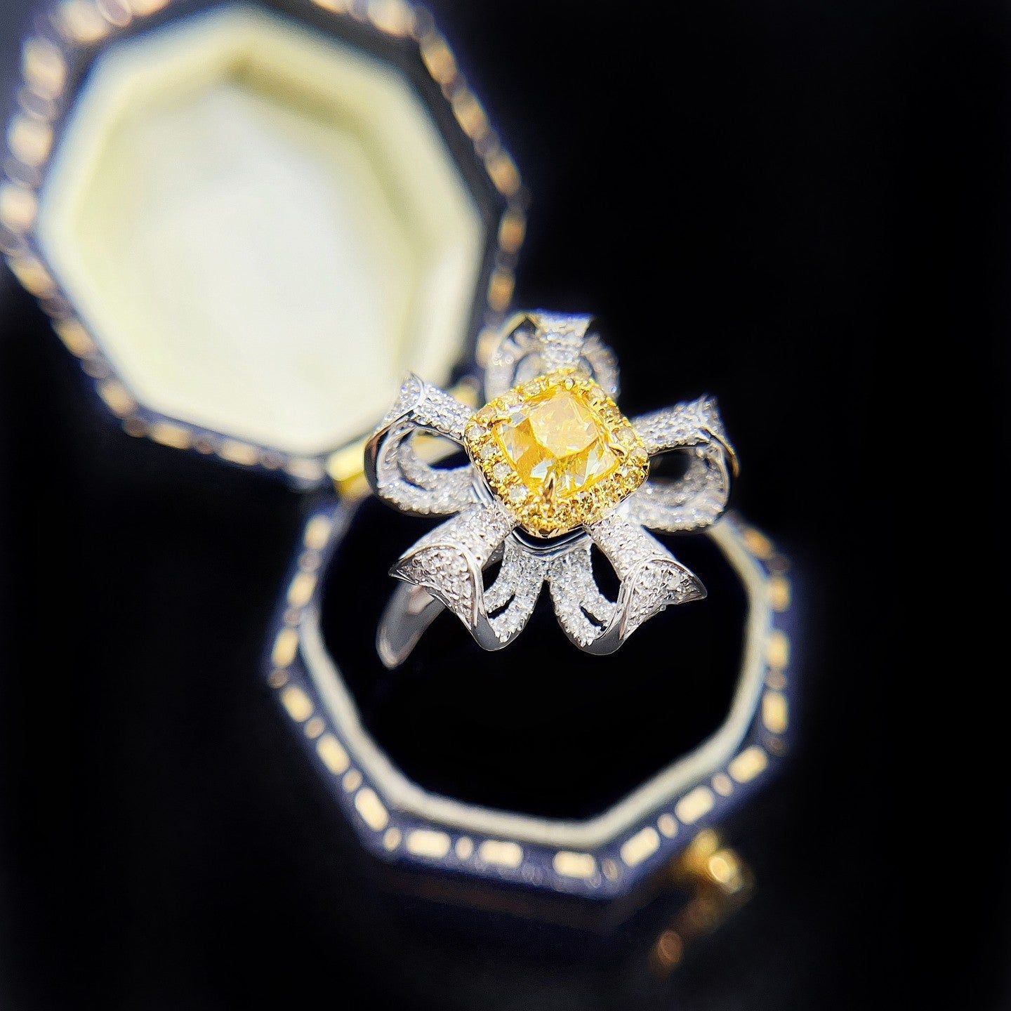 18K Yellow Gold Diamond Cushion Five-Petal Hollow Ring with AGL Certificate - Luxury Jewelry - Yellow Diamond Ring