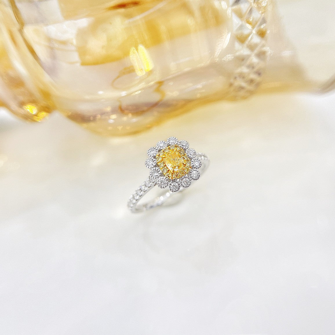 18K Yellow Gold Diamond Cushion Flower Garden Ring - Exquisite Jewelry - Yellow Diamond Ring