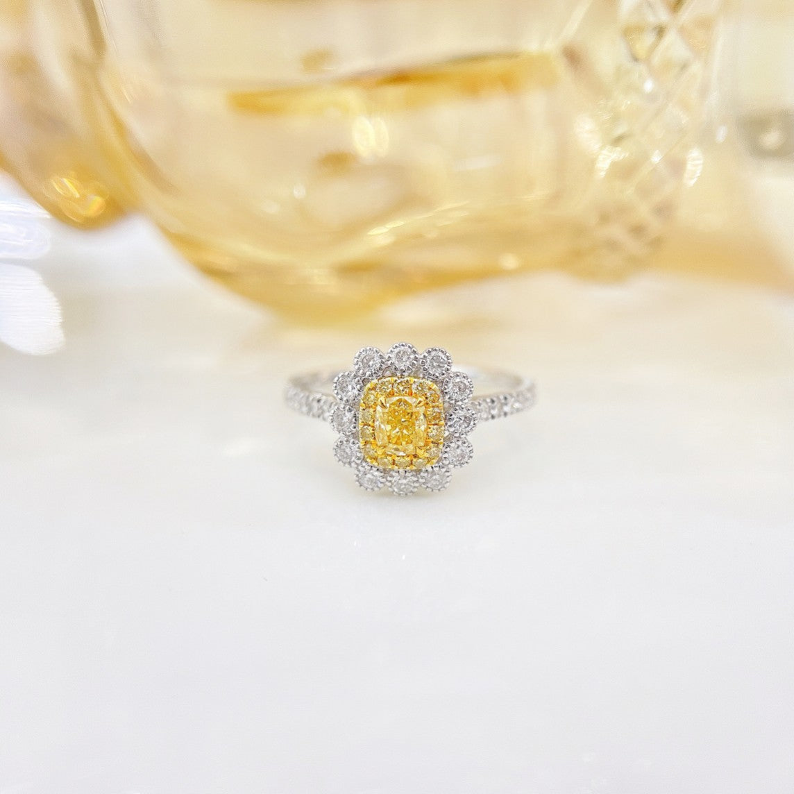 18K Yellow Gold Diamond Cushion Flower Garden Ring - Exquisite Jewelry - Yellow Diamond Ring