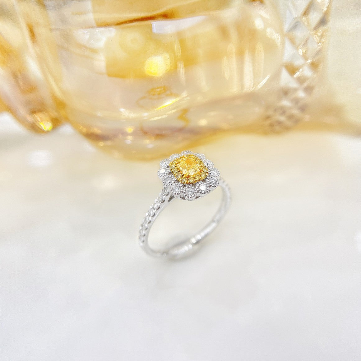 18K Yellow Gold Diamond Cushion Flower Garden Ring - Exquisite Jewelry - Yellow Diamond Ring