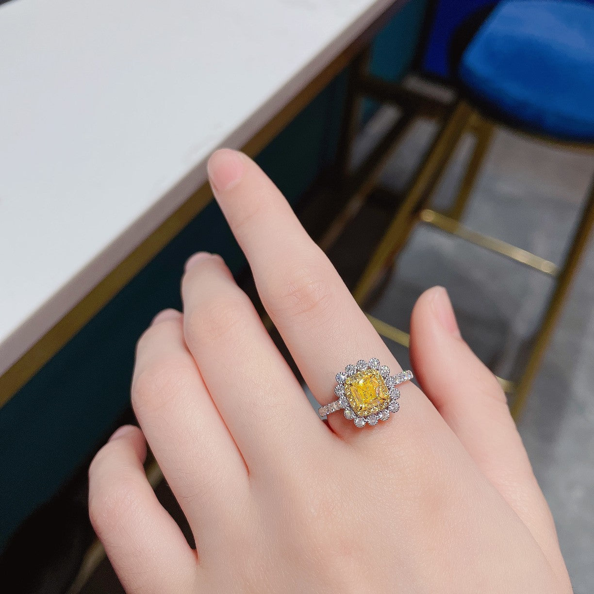 18K Yellow Gold Diamond Cushion Flower Garden Ring with AGL Certificate | Premium Jewelry - Yellow Diamond Ring