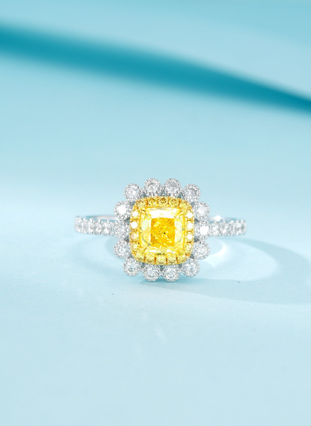 18K Yellow Gold Diamond Cushion Flower Garden Ring with AGL Certificate | Premium Jewelry - Yellow Diamond Ring