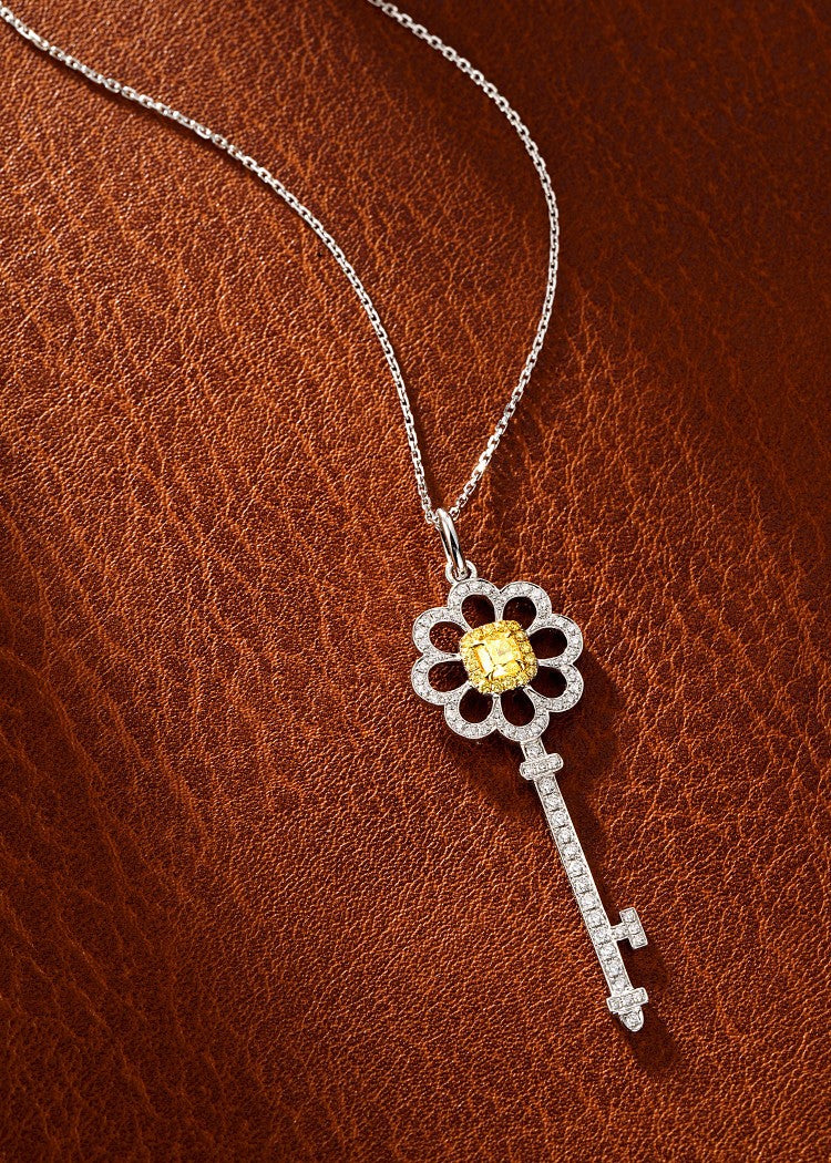 18K Yellow Gold Diamond Cushion Flower Key Pendant Necklace - XL005-Y - Yellow Diamond Necklace