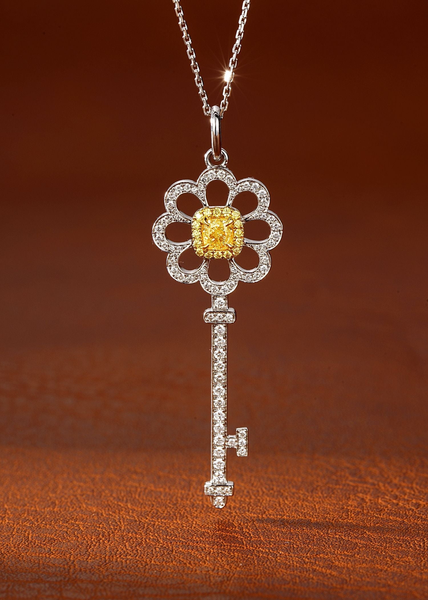 18K Yellow Gold Diamond Cushion Flower Key Pendant Necklace - XL005-Y - Yellow Diamond Necklace