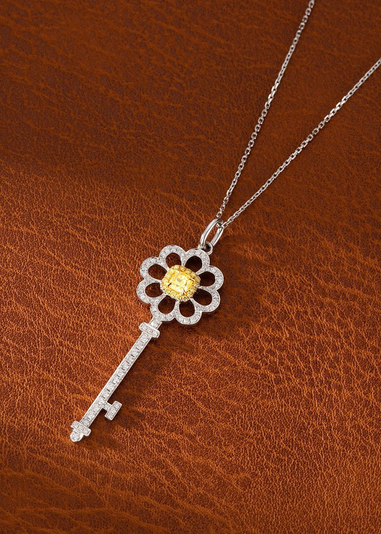 18K Yellow Gold Diamond Cushion Flower Key Pendant Necklace - XL005-Y - Yellow Diamond Necklace