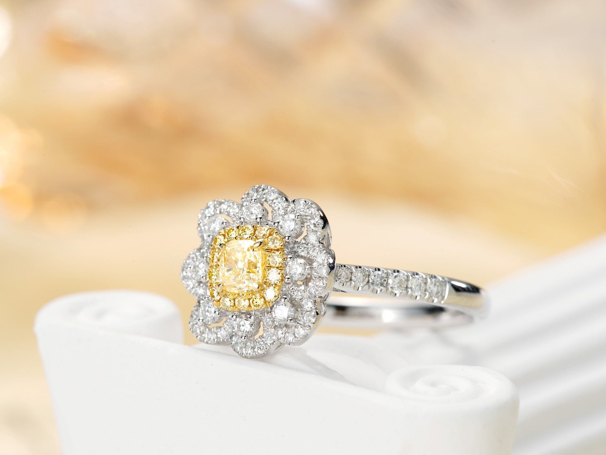 18K Yellow Gold Diamond Cushion Flower Ring - Luxury Jewelry - Yellow Diamond Ring