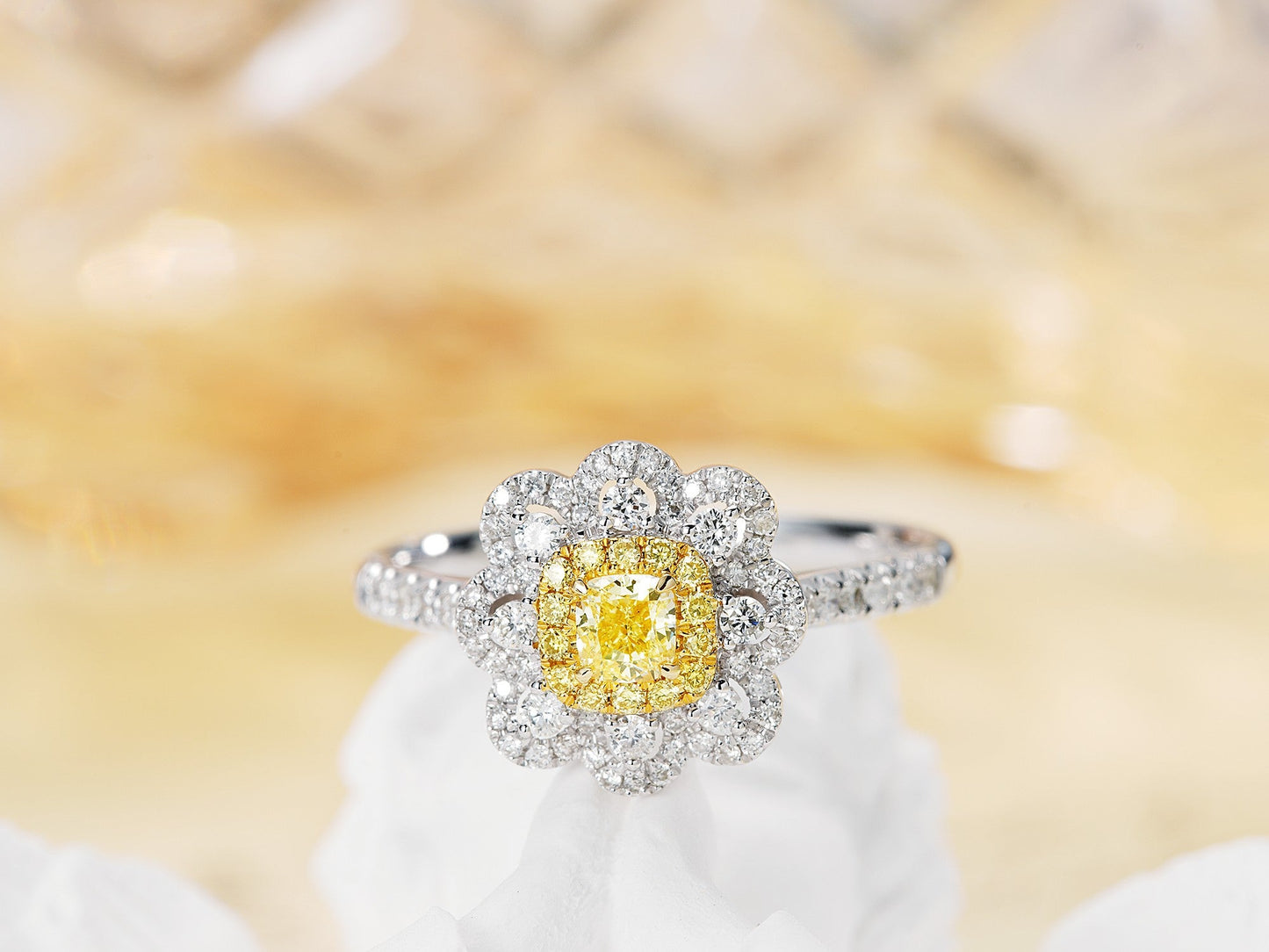 18K Yellow Gold Diamond Cushion Flower Ring - Luxury Jewelry - Yellow Diamond Ring