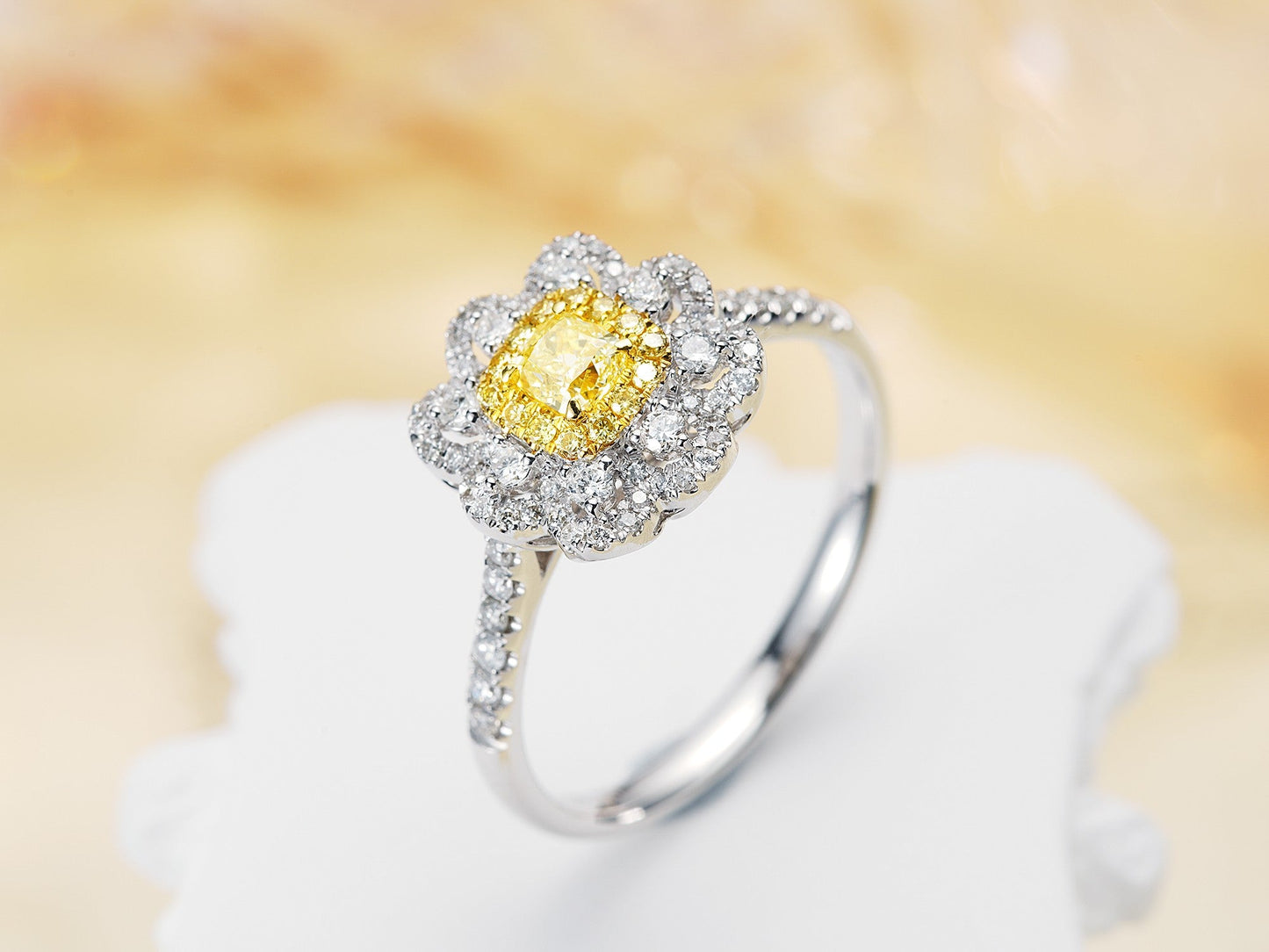 18K Yellow Gold Diamond Cushion Flower Ring - Luxury Jewelry - Yellow Diamond Ring