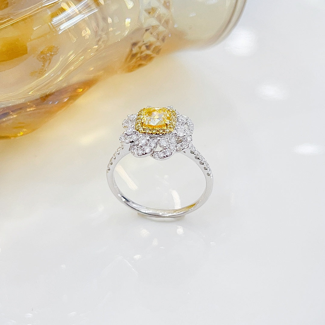 18K Yellow Gold Diamond Cushion Flower Ring | Premium Jewelry - Yellow Diamond Ring