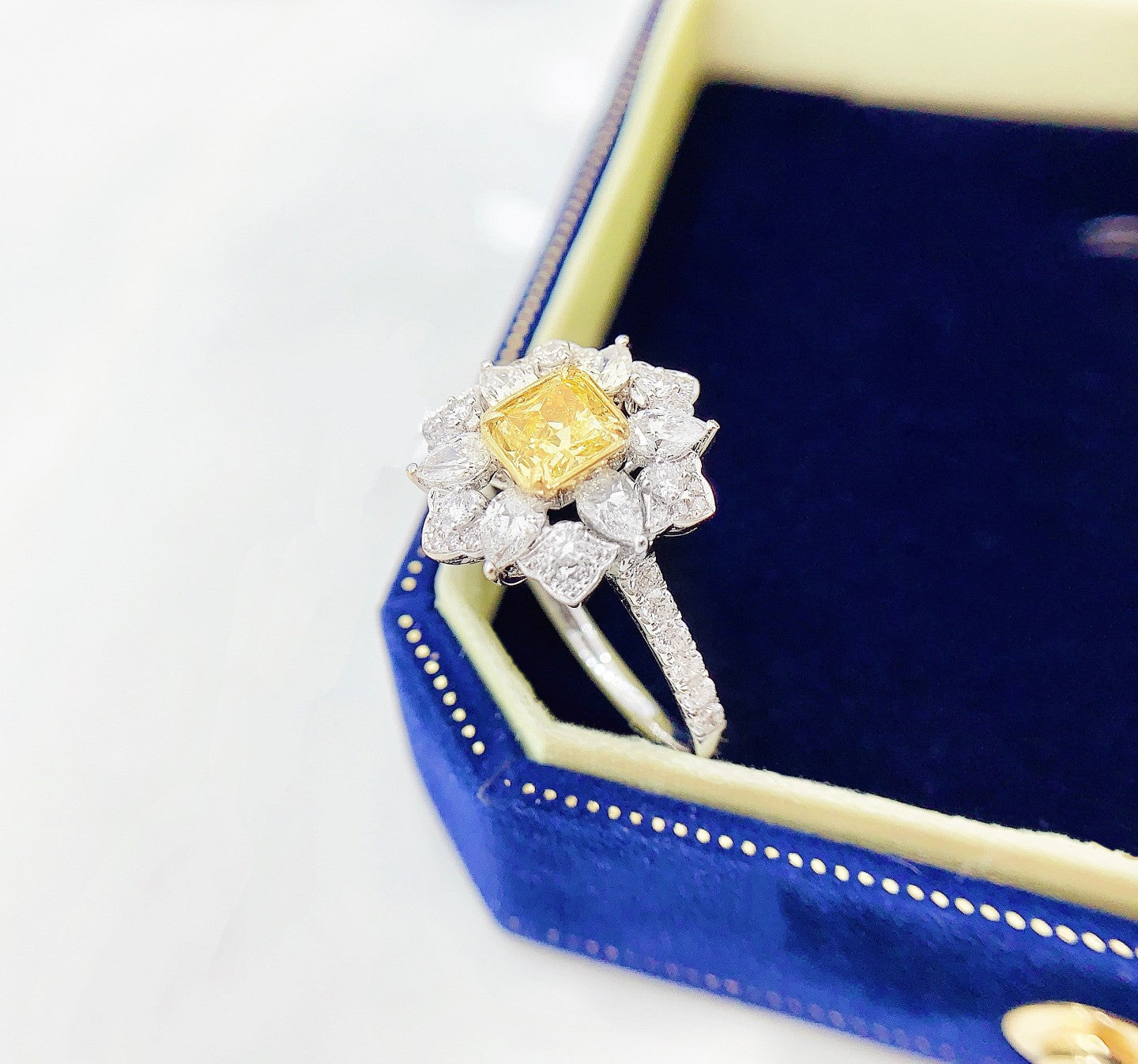 18K Yellow Gold Diamond Cushion Flower Ring - Premium Jewelry - Yellow Diamond Ring