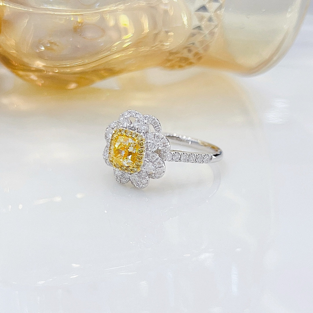 18K Yellow Gold Diamond Cushion Flower Ring | Premium Jewelry - Yellow Diamond Ring