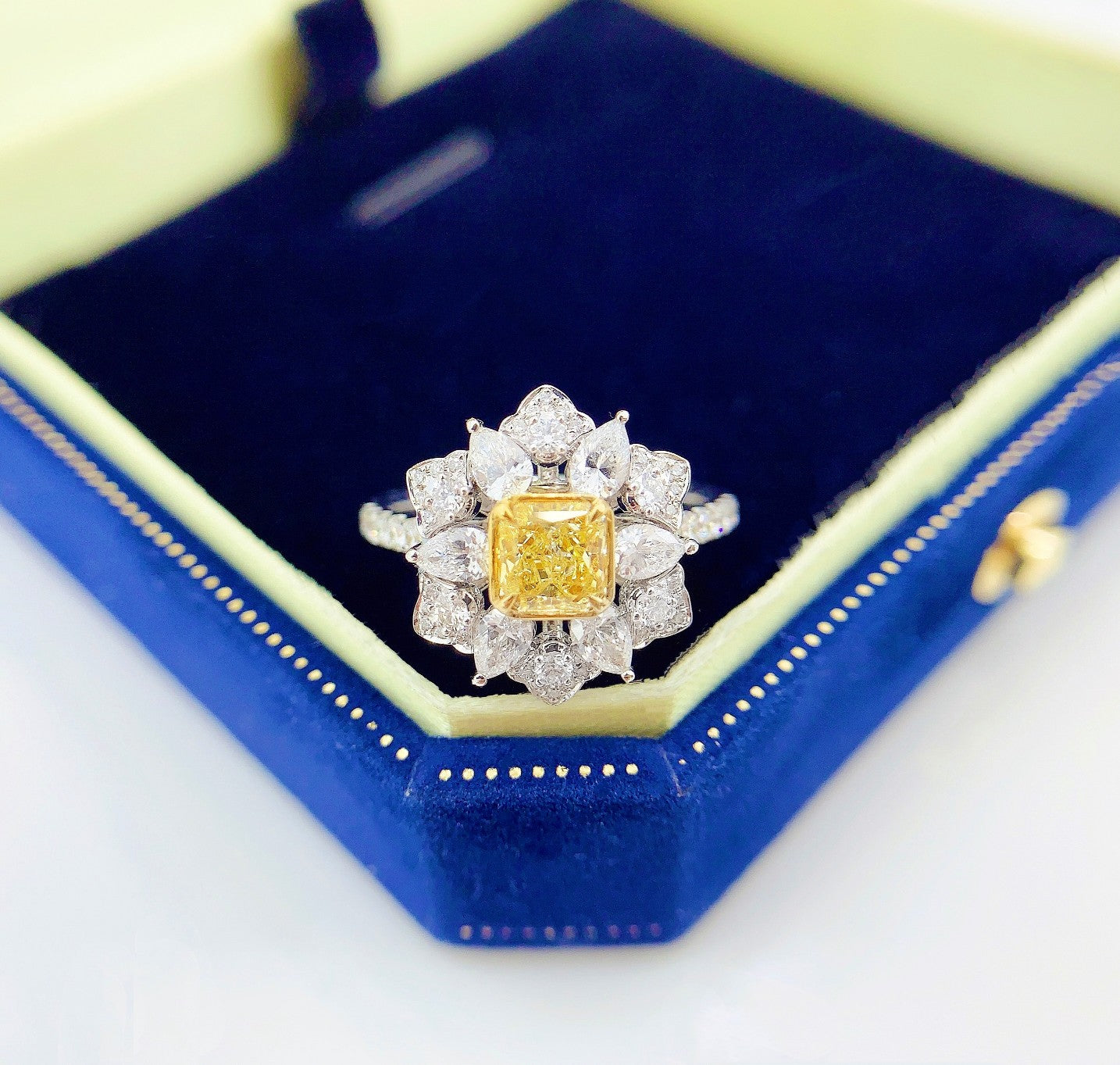 18K Yellow Gold Diamond Cushion Flower Ring - Premium Jewelry - Yellow Diamond Ring