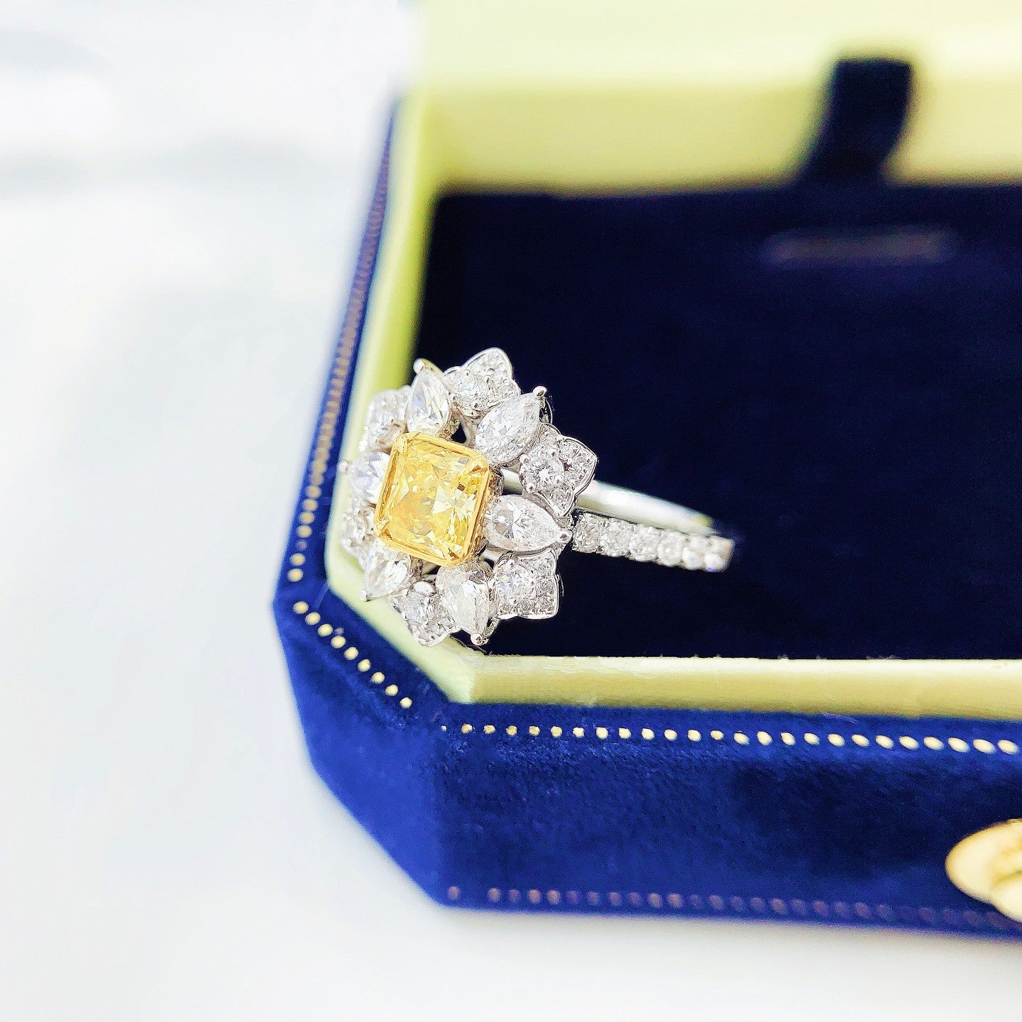 18K Yellow Gold Diamond Cushion Flower Ring - Premium Jewelry - Yellow Diamond Ring