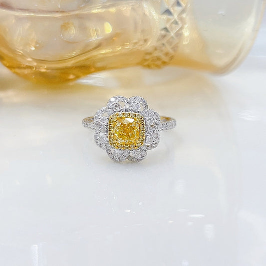 18K Yellow Gold Diamond Cushion Flower Ring | Premium Jewelry - Yellow Diamond Ring