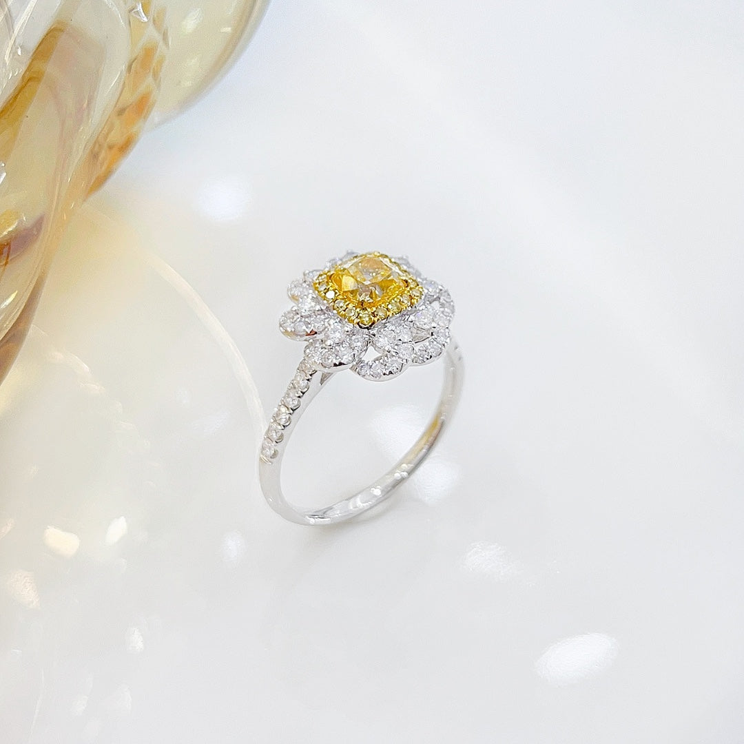 18K Yellow Gold Diamond Cushion Flower Ring | Premium Jewelry - Yellow Diamond Ring