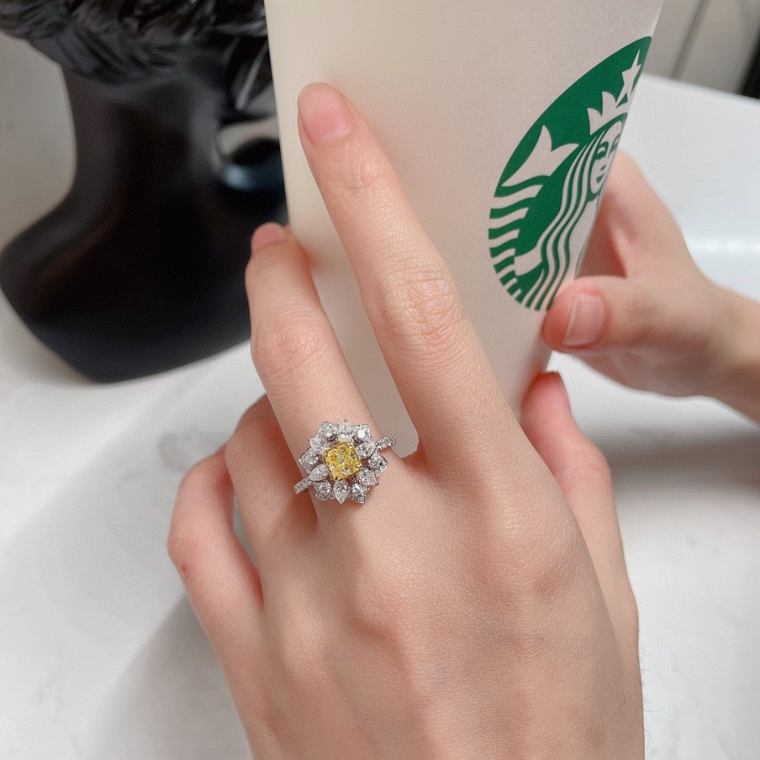 18K Yellow Gold Diamond Cushion Flower Ring - Premium Jewelry - Yellow Diamond Ring