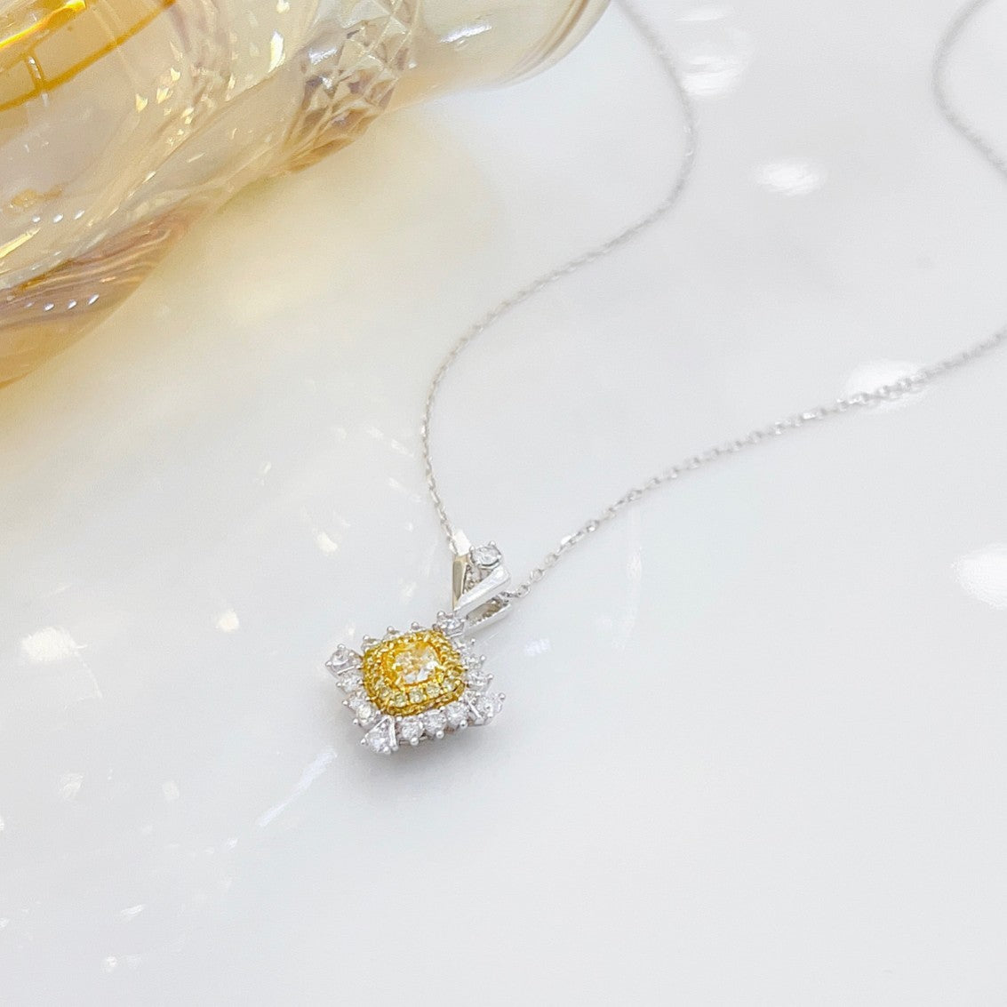 18K Yellow Gold Diamond Cushion Halo Necklace - Elegant Jewelry Piece - Yellow Diamond Necklace