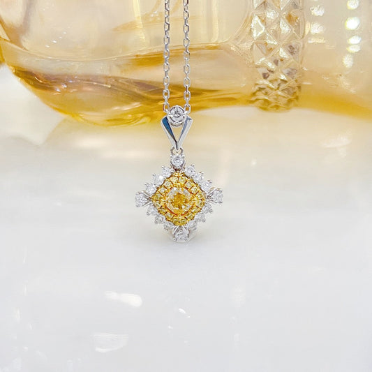 18K Yellow Gold Diamond Cushion Halo Necklace - Elegant Jewelry Piece - Yellow Diamond Necklace