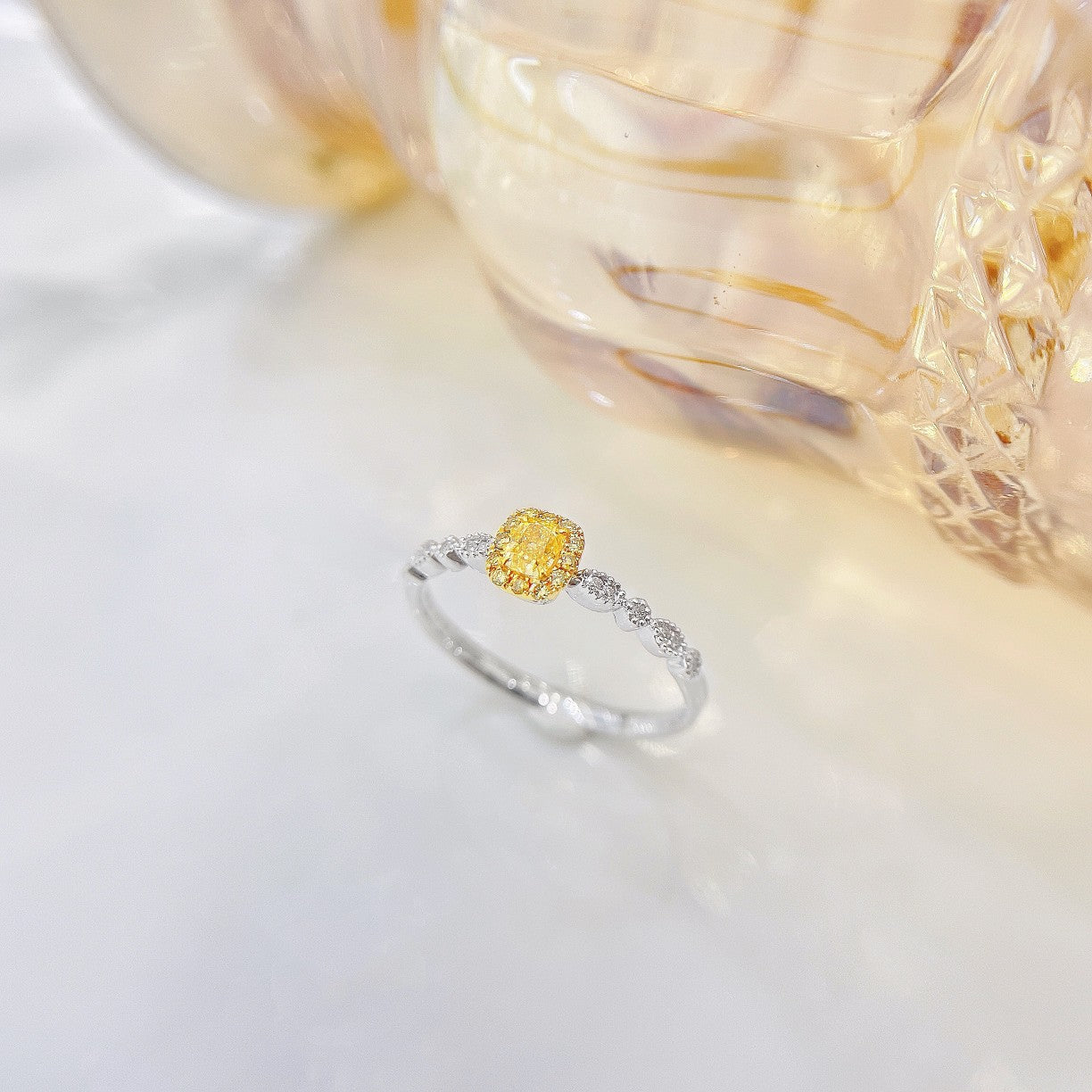 18K Yellow Gold Diamond Cushion Halo Ring - Luxurious Jewelry - Yellow Diamond Ring