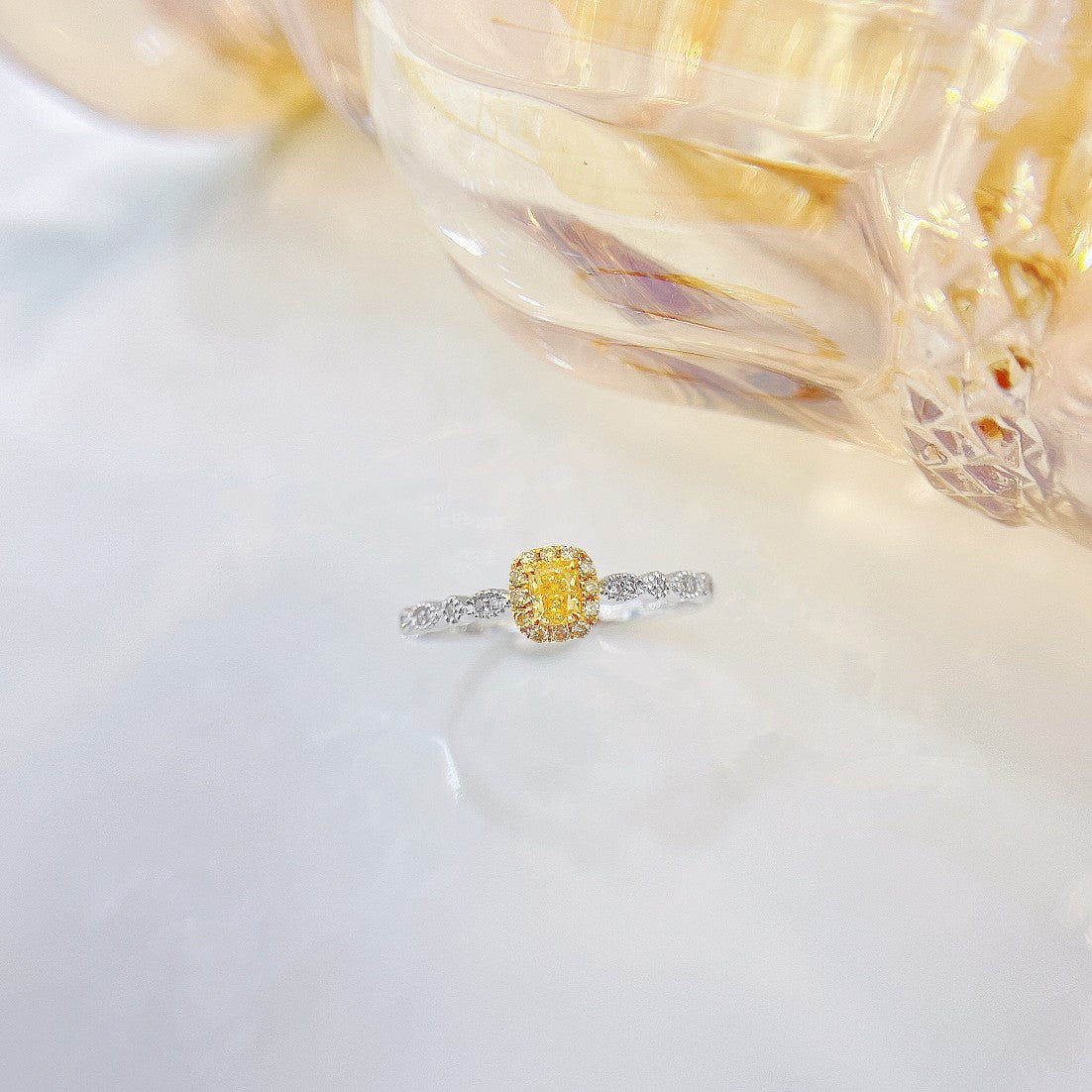 18K Yellow Gold Diamond Cushion Halo Ring - Luxurious Jewelry - Yellow Diamond Ring