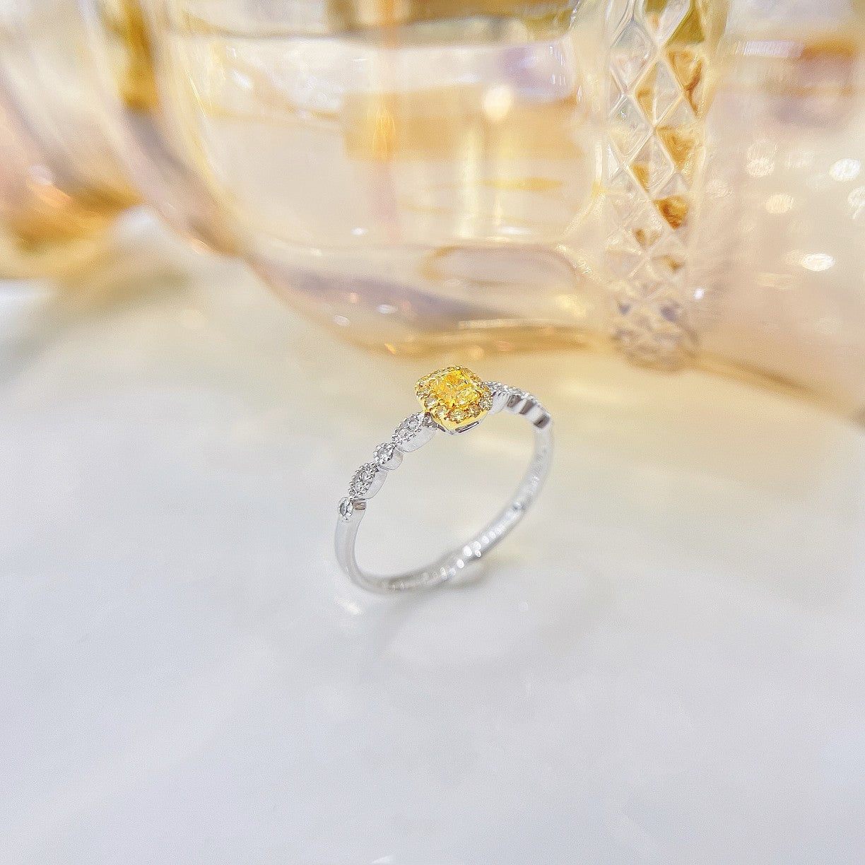 18K Yellow Gold Diamond Cushion Halo Ring - Luxurious Jewelry - Yellow Diamond Ring