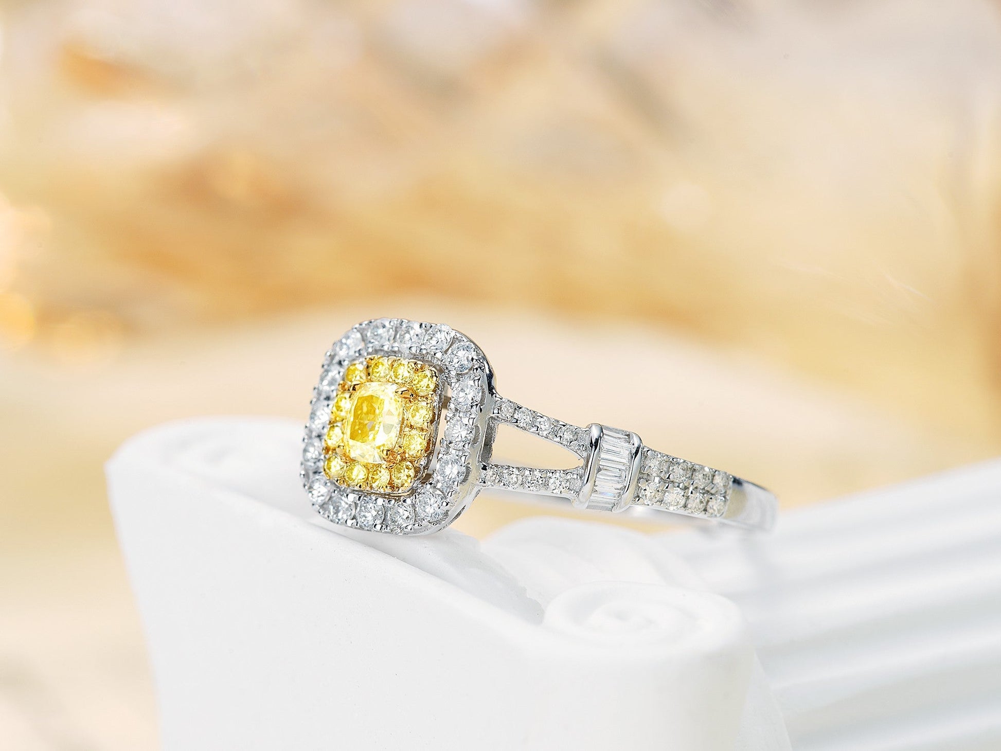 18K Yellow Gold Diamond Cushion Halo Ring - Luxury Jewelry - Yellow Diamond Ring