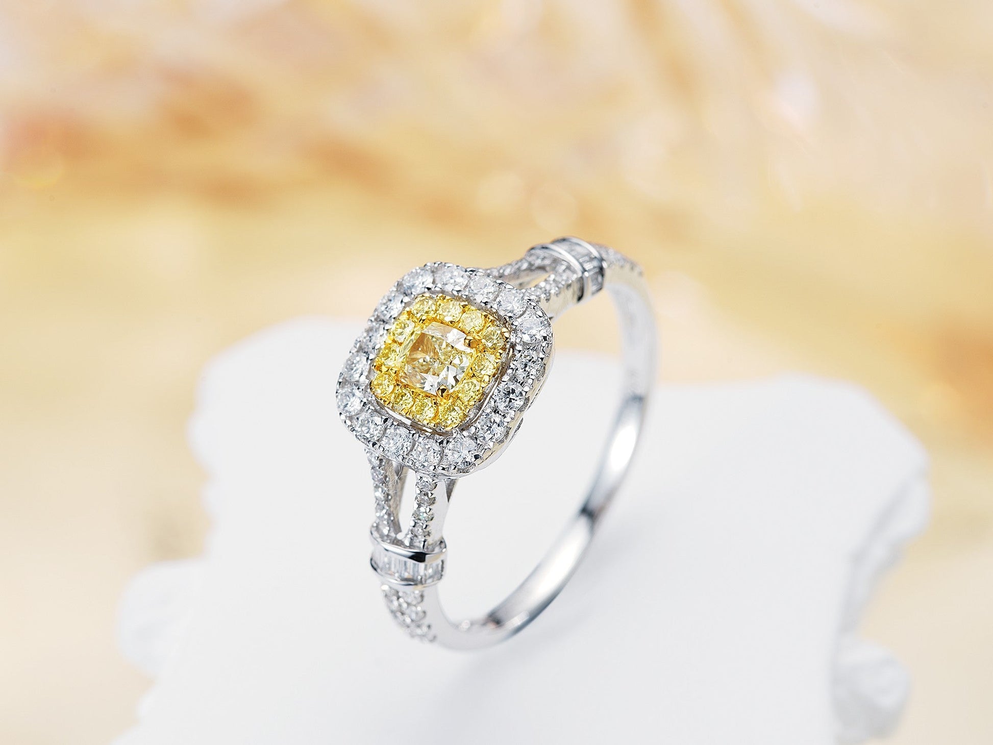 18K Yellow Gold Diamond Cushion Halo Ring - Luxury Jewelry - Yellow Diamond Ring