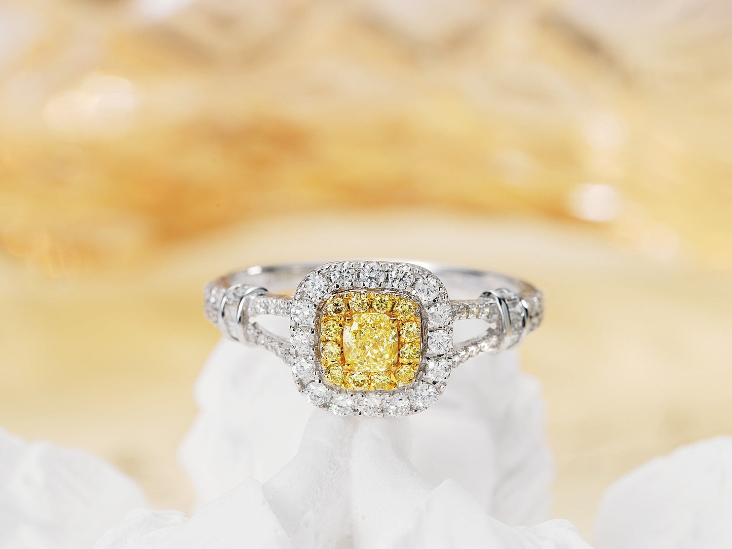 18K Yellow Gold Diamond Cushion Halo Ring - Luxury Jewelry - Yellow Diamond Ring