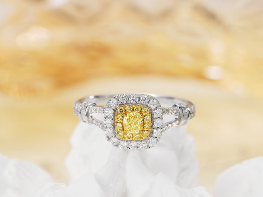 18K Yellow Gold Diamond Cushion Halo Ring - Luxury Jewelry - Yellow Diamond Ring