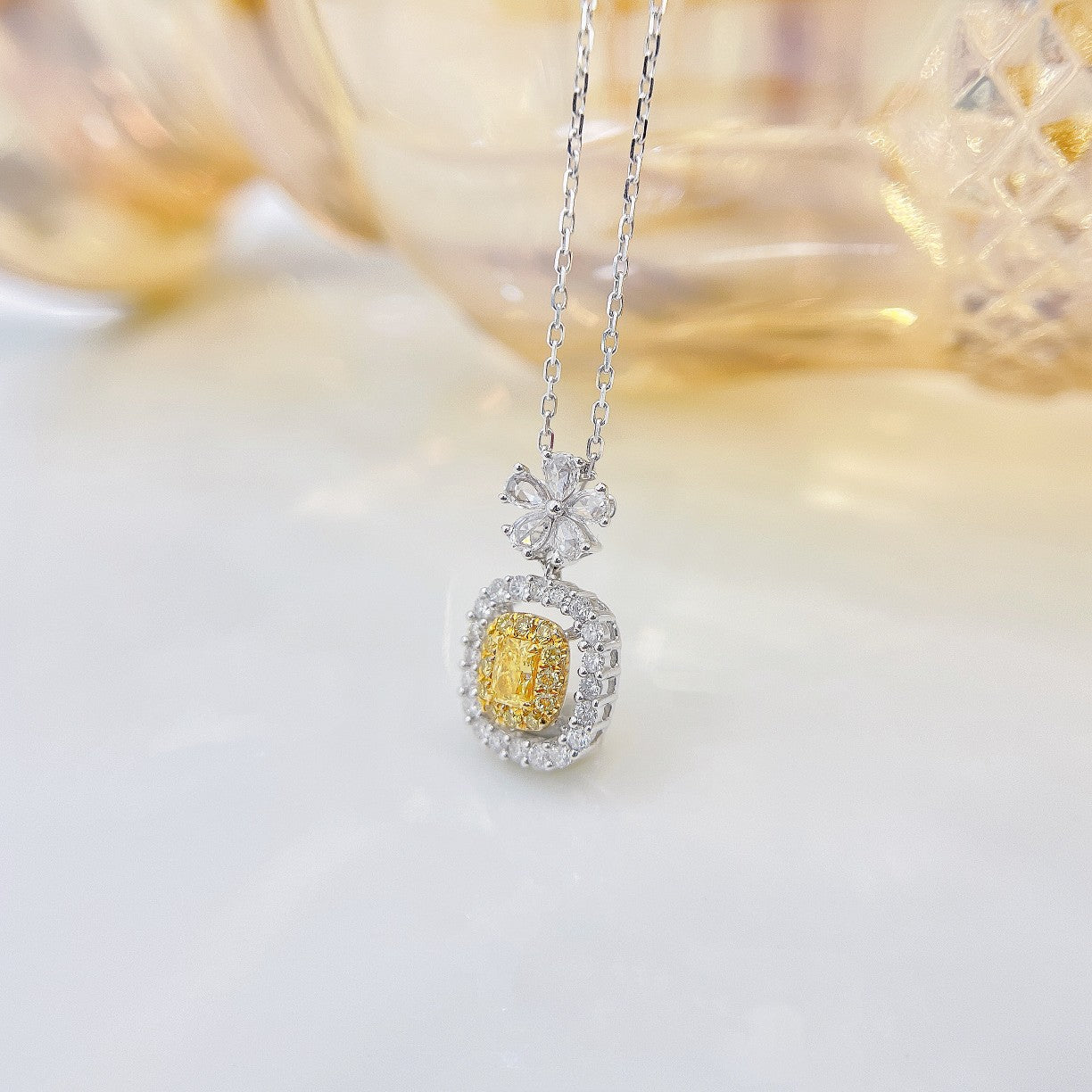 18K Yellow Gold Diamond Cushion Hollow Five-Flower Necklace | Luxury Jewelry - Yellow Diamond Necklace