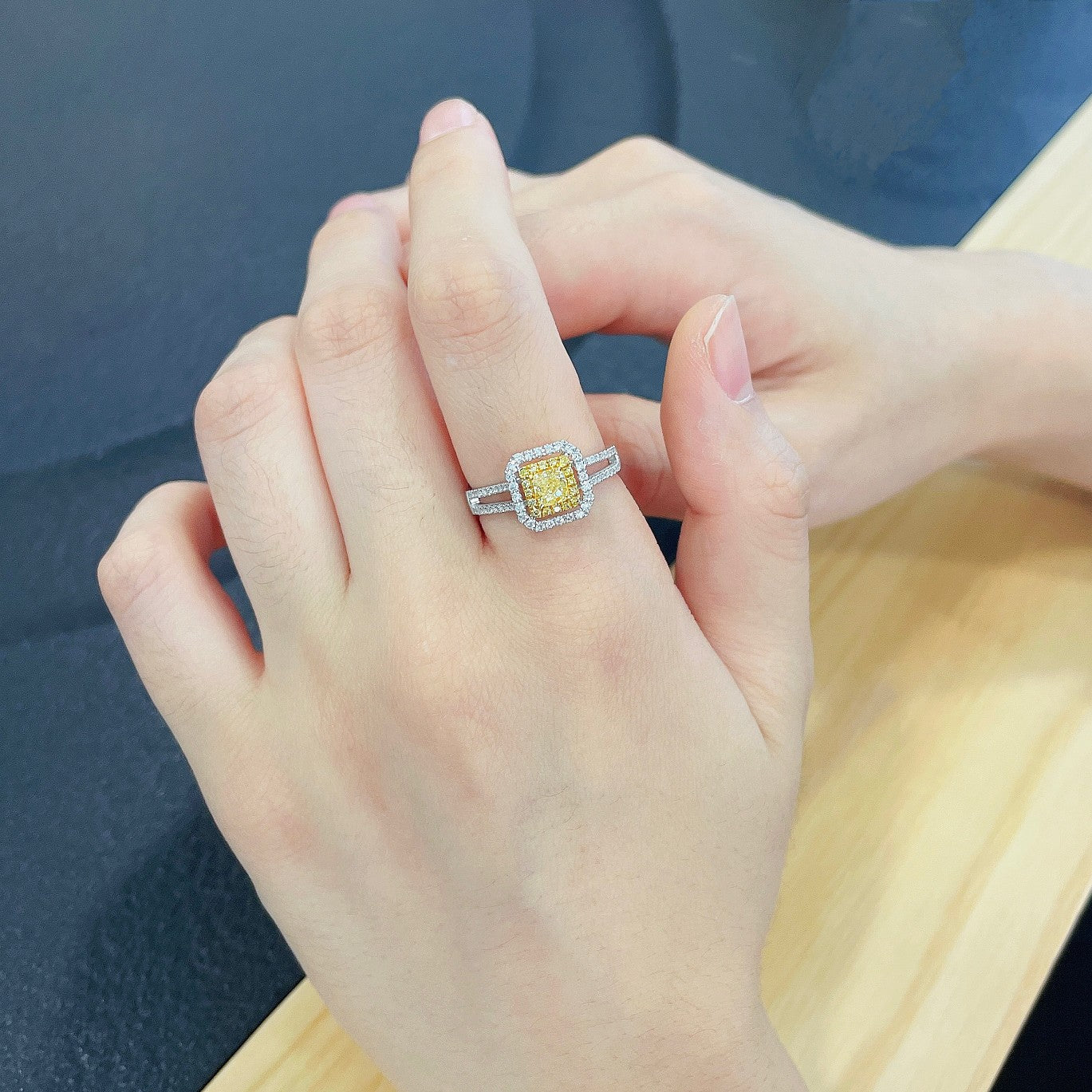 18K Yellow Gold Diamond Cushion Hollow Ring - Premium Jewelry - Yellow Diamond Ring