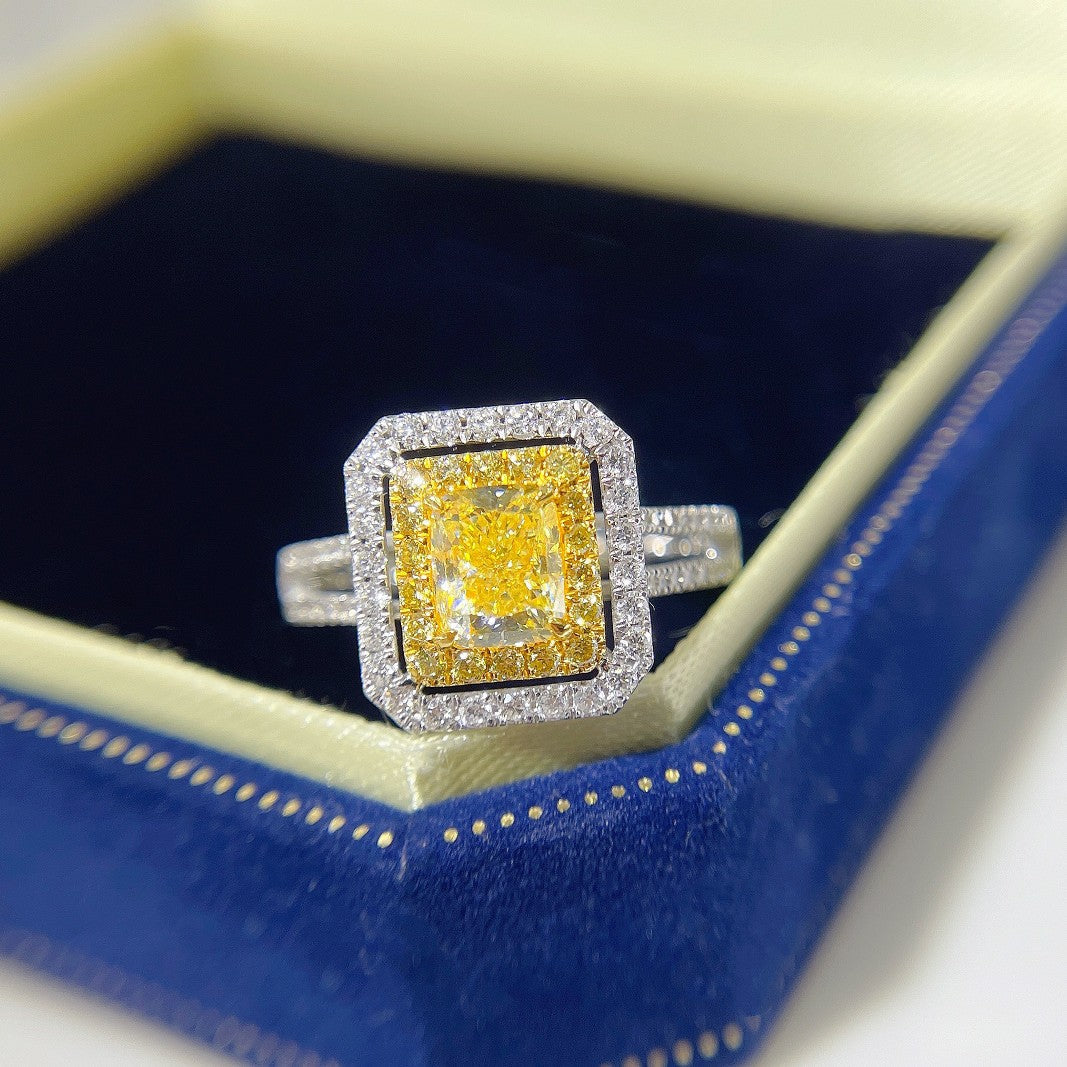 18K Yellow Gold Diamond Cushion Hollow Ring with AGL Certificate | Premium Jewelry - Yellow Diamond Ring