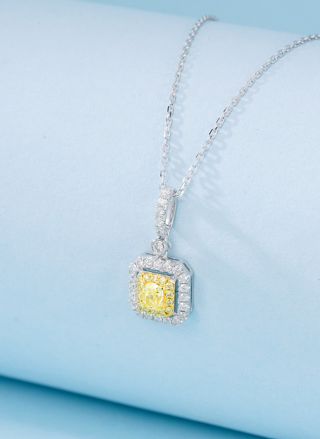 18K Yellow Gold Diamond Cushion Octagonal Hollow Pendant Necklace - Yellow Diamond Necklace