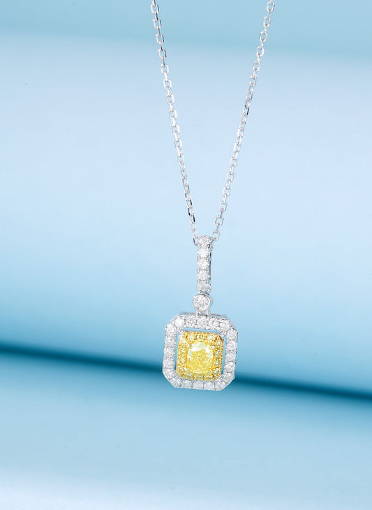 18K Yellow Gold Diamond Cushion Octagonal Hollow Pendant Necklace - Yellow Diamond Necklace