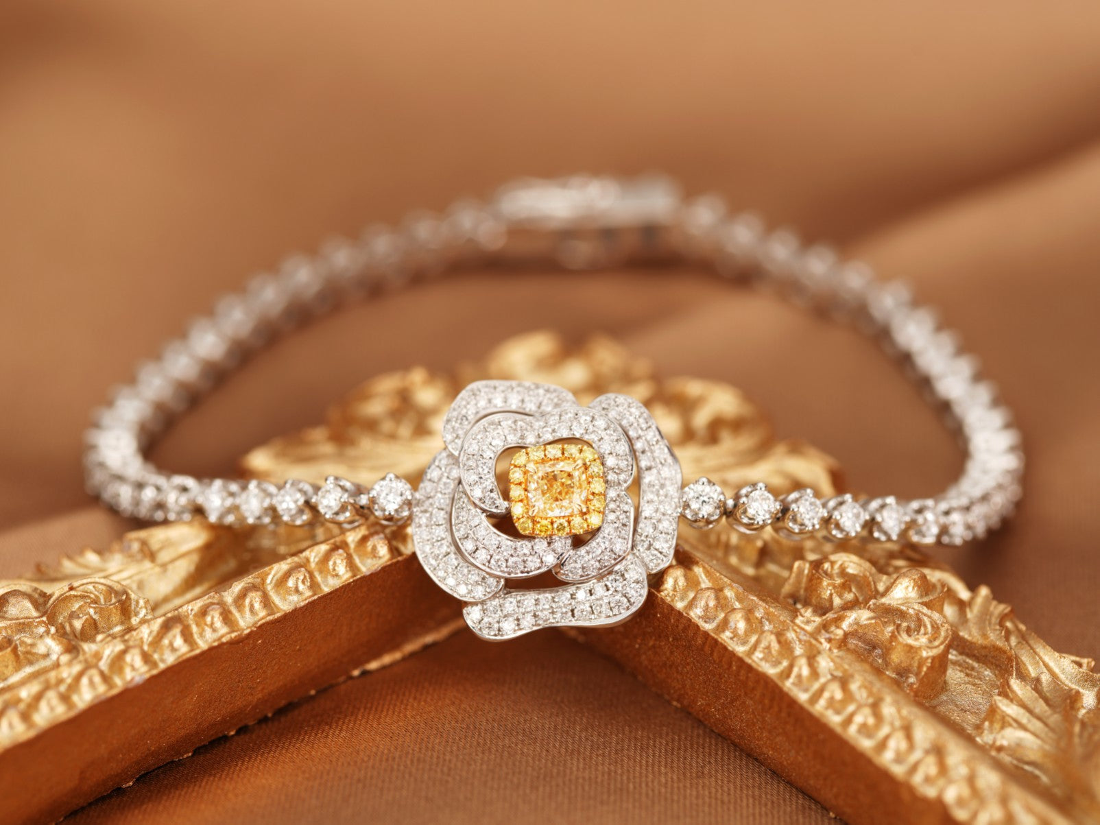 18K Yellow Gold Diamond Cushion Rose Flower Bracelet - Luxury Jewelry - Yellow Diamond Bracelet