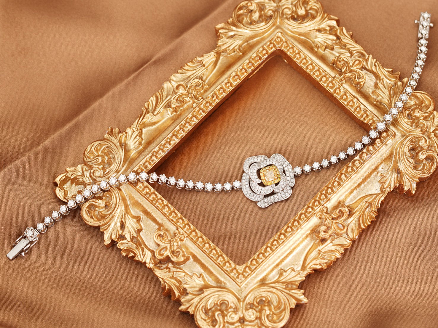 18K Yellow Gold Diamond Cushion Rose Flower Bracelet - Luxury Jewelry - Yellow Diamond Bracelet