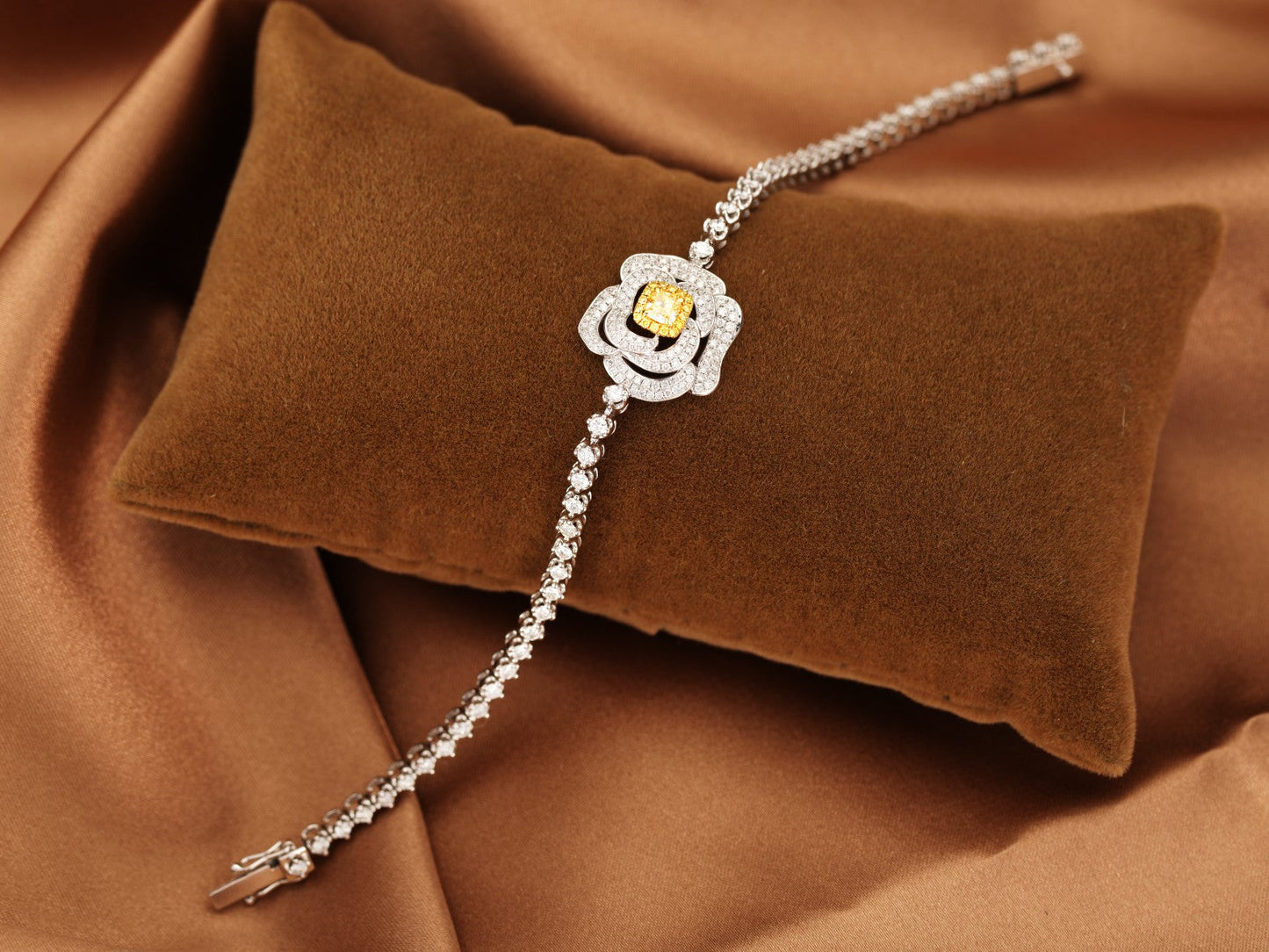 18K Yellow Gold Diamond Cushion Rose Flower Bracelet - Luxury Jewelry - Yellow Diamond Bracelet