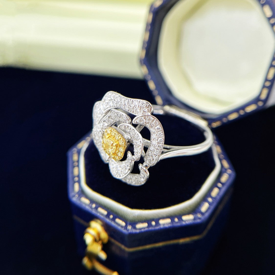 18K Yellow Gold Diamond Cushion Rose Ring | Premium Jewelry - Yellow Diamond Ring