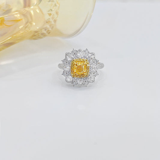 18k Yellow Gold Diamond Cushion Rose Waterdrop Flower Ring | Premium Jewelry - Yellow Diamond Ring