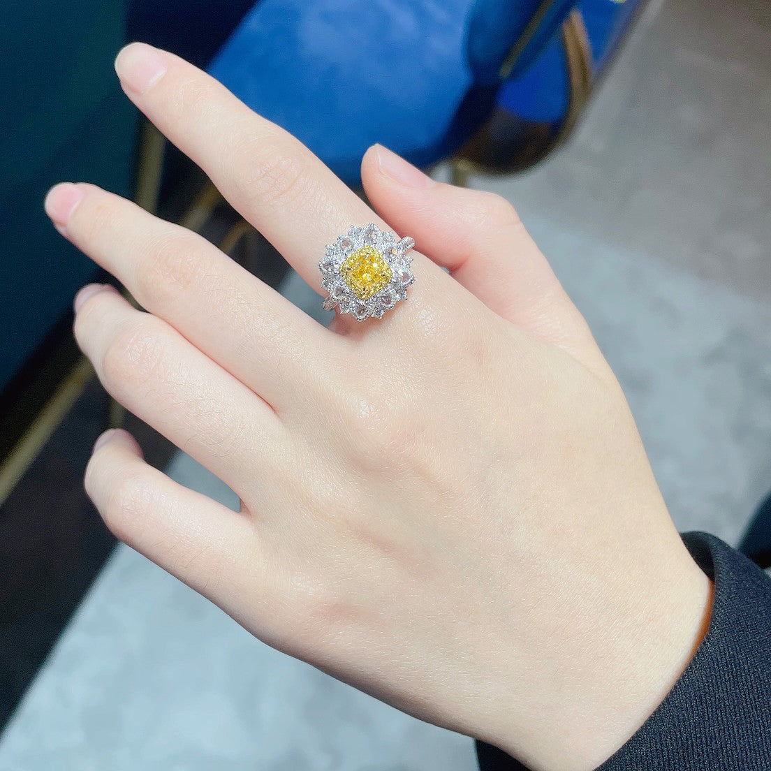 18k Yellow Gold Diamond Cushion Rose Waterdrop Flower Ring | Premium Jewelry - Yellow Diamond Ring