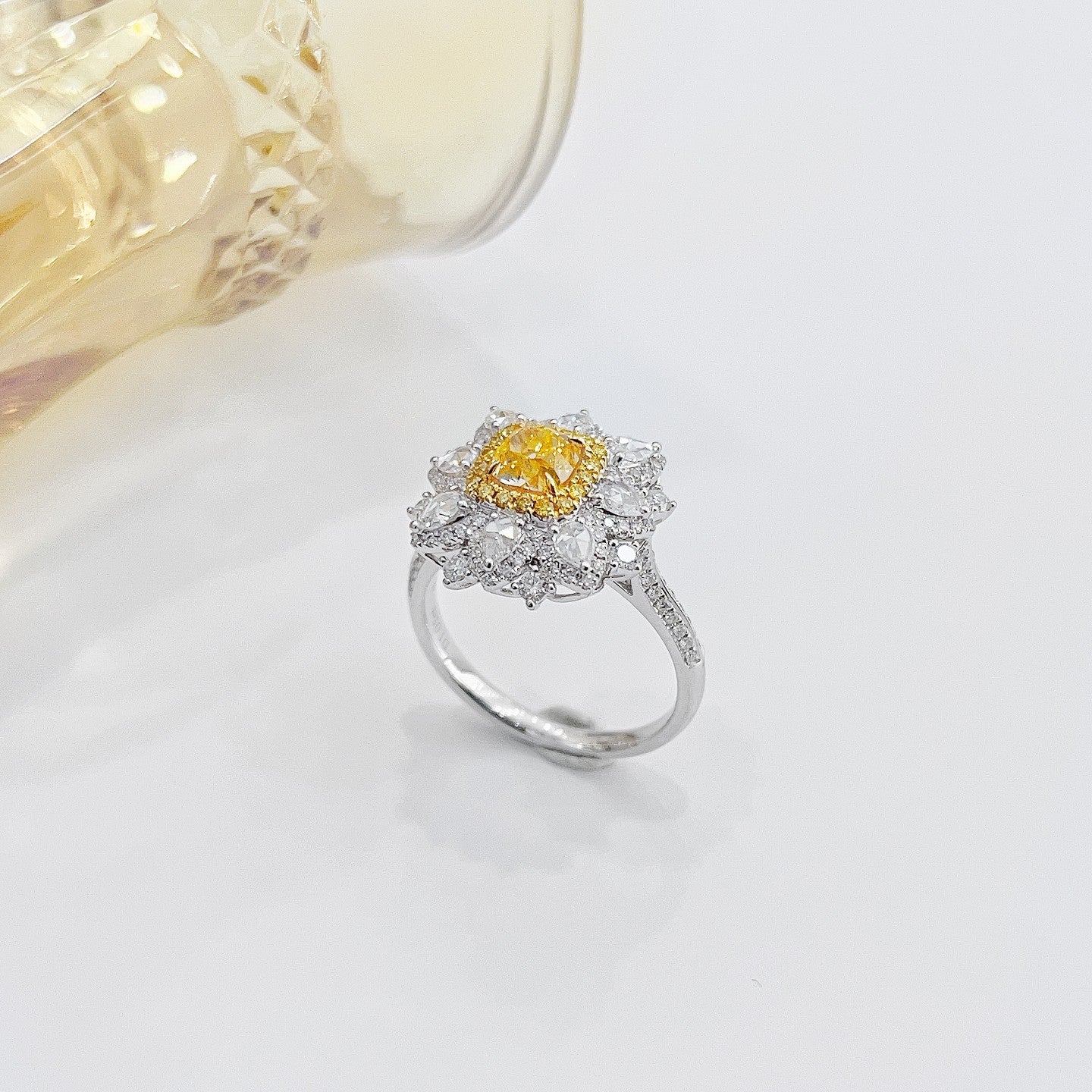 18k Yellow Gold Diamond Cushion Rose Waterdrop Flower Ring | Premium Jewelry - Yellow Diamond Ring