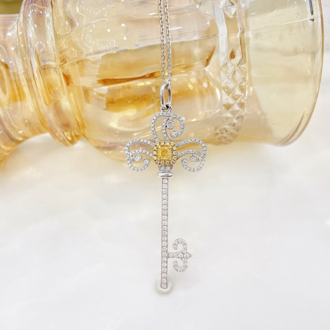 18K Yellow Gold Diamond Cushion Shape Key Pendant Jewelry - Yellow Diamond Necklace