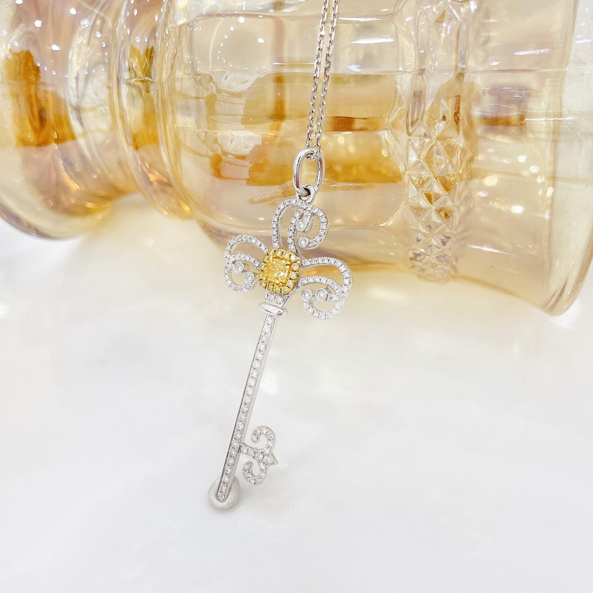 18K Yellow Gold Diamond Cushion Shape Key Pendant Jewelry - Yellow Diamond Necklace